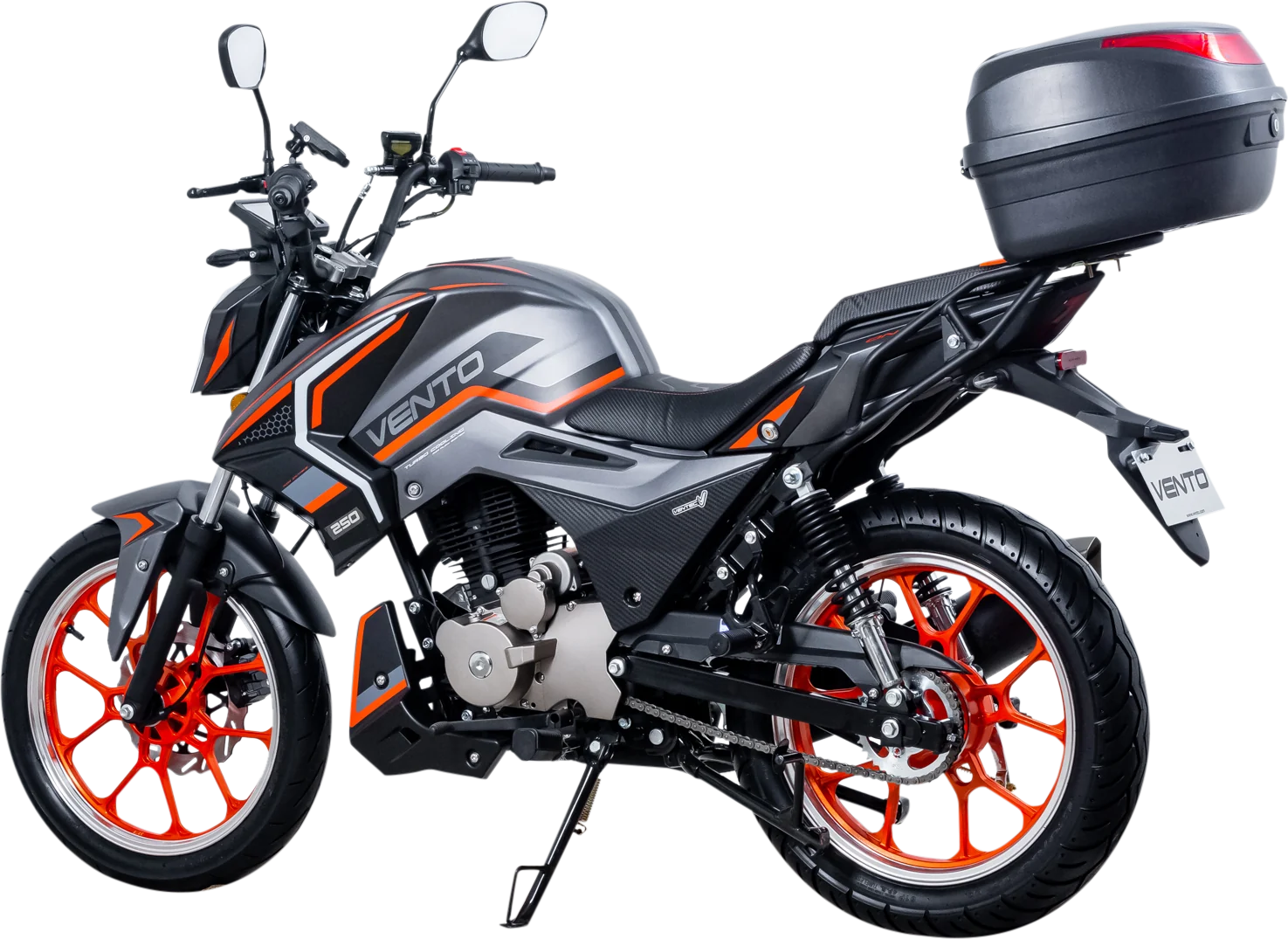 Moto Vento Onyx 250 gris mate / naranja, vista trasera tres cuartos